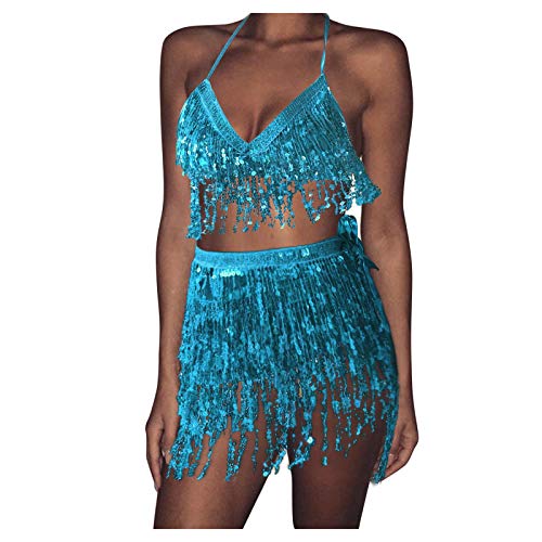 Damen Pailletten Rock Set Glitzer Fransen Kurz Tanzrock Zweiteiler mit Pailetten Quaste BH Oberteile Bauchtanz Hüftrock Karneval Party Festival Rave Kostüme für Frauen (Light Blue, One Size) von Generic