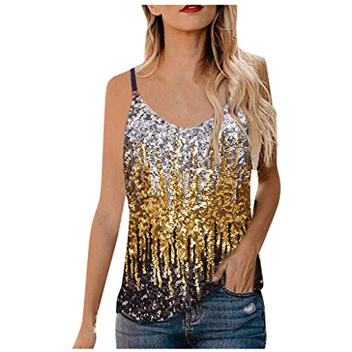 Damen Pailletten Tops Glitzer Oberteile Pailletten Tank Tops Party Weste Ärmellos Tunika Weste Damen Sequin Sexy Trägertops Verstellbare Träger top Spaghettiträger Pailletten Tops Blusen (Gold, S) von Generic