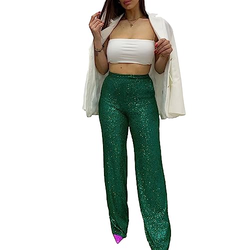 Damen Paillettenhosen Glänzende Schlaghosen Hohe Taille Schlank Weites Bein Glockenboden Hosen Vintage 80S Party Clubwear (Green A, S) von Generic