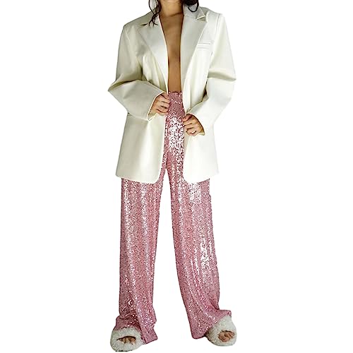 Damen Paillettenhosen Glänzende Schlaghosen Hohe Taille Schlank Weites Bein Glockenboden Hosen Vintage 80S Party Clubwear (Pink A, L) von Generic