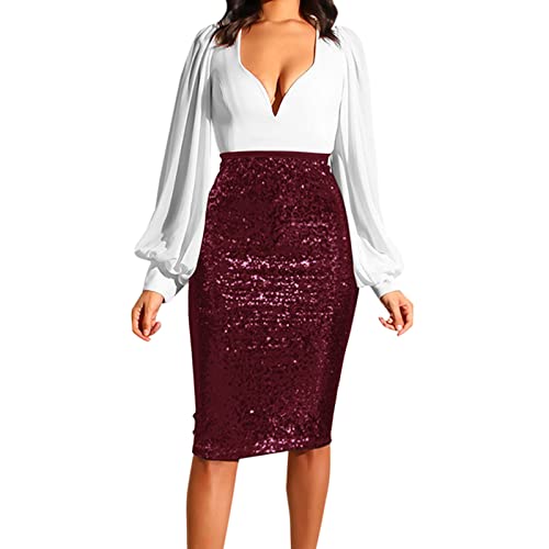 Damen Paillettenrock Bleistiftrock Stretch Glänzend Pencil-Style Hohe Taille Mini Rock Glitzer Schlauchrock Bodycon Midi Skirt Minirock Knielang Abendkleid Glänzend Metallic (A02-Wine Red, L) von Generic