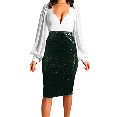 Damen Paillettenrock Bleistiftrock Stretch Glänzend Pencil-Style Hohe Taille Mini Rock Glitzer Schlauchrock Bodycon Midi Skirt Minirock Knielang Abendkleid Glänzend Metallic Pailletten (A03-Green, L) von Generic