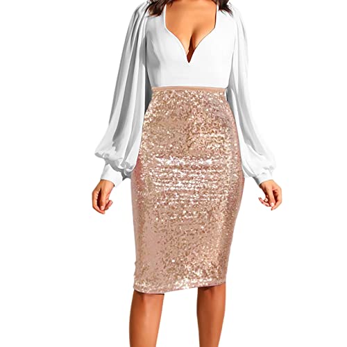 Damen Paillettenrock Bleistiftrock Stretch Glänzend Pencil-Style Hohe Taille Mini Rock Glitzer Schlauchrock Bodycon Midi Skirt Minirock Knielang Abendkleid Glänzend Metallic Pailletten (A04-Khaki, M) von Generic