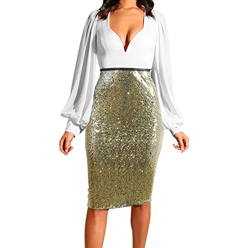 Damen Paillettenrock Bleistiftrock Stretch Glänzend Pencil-Style Hohe Taille Mini Rock Glitzer Schlauchrock Bodycon Midi Skirt Minirock Knielang Abendkleid Glänzend Metallic Pailletten (A06-Gold, M) von Generic