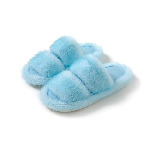 Damen Pantoffeln Bunte Mode Hause Furry Innen Komfort Slip-on Offene Zehe Baumwolle Hausschuhe 39-40 EU,Blau von Generic
