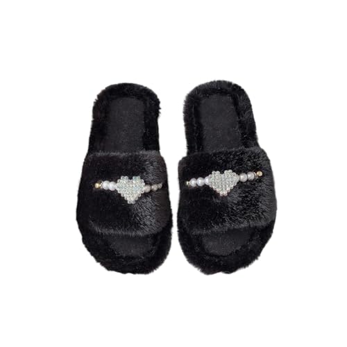 Damen Pantoffeln Mode Elegante Perle Winter Weiches Kissen Knöchelriemen Schlafzimmer Slip-On Baumwolle Hausschuhe (black,38) von Generic