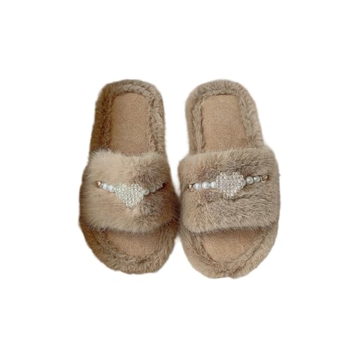 Damen Pantoffeln Mode Elegante Perle Winter Weiches Kissen Knöchelriemen Schlafzimmer Slip-On Baumwolle Hausschuhe (khaki,41) von Generic