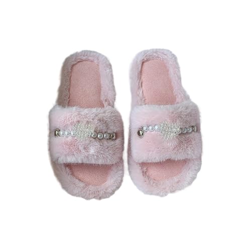 Damen Pantoffeln Mode Elegante Perle Winter Weiches Kissen Knöchelriemen Schlafzimmer Slip-On Baumwolle Hausschuhe (pink,40) von Generic