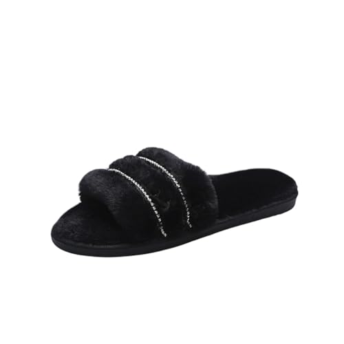 Damen Pantoffeln Mode Shiny Offene Zehe Furry Winter Innen Haus Weicher Boden Hausschuhe 38-39 EU,Schwarz von Generic