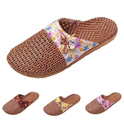 Damen Pantoletten Vorne Geschlossen - Sommerschuhe Espadrilles Sandalen Bohemian Strand Schuhe Flachs Leinenschuhe rutschfest Badelatschen Leicht Atmungsaktiv Hausschuhe Slipper von Generic