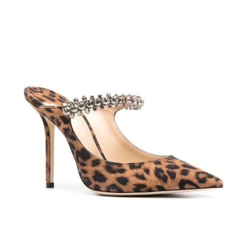 Damen Pantoletten mit Absatz Spitze geschlossene Zehenabsätze mit Strass Slip on Sommersandalen für Damen,Leopard,40 EU von Generic