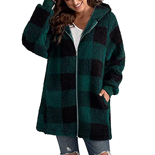 Damen Parka Übergang Winter Mantel Damen-Plüschmantel mit langen Ärmeln, kariertem Kapuzenreißverschluss und lockerem Mantel mit Tasche Winter Coat von Generic
