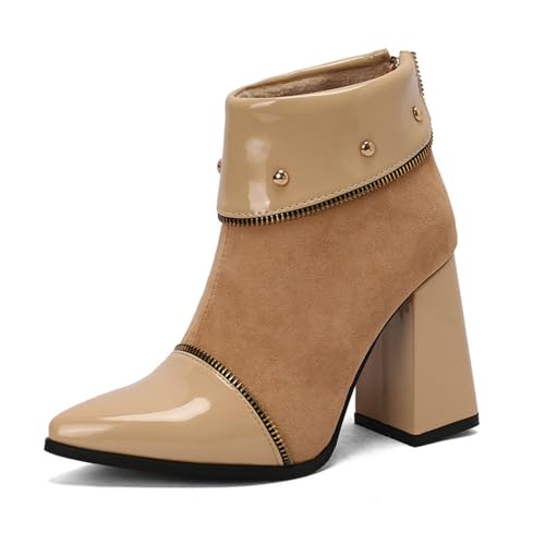 Damen Patent-Leder Kurze Stiefel Mit Reißverschluss Hoher Stämmiger Absatz Chelsea-Stiefel Spitz Zehen Stiefeletten Mit Nieten,Apricot,38 EU von Generic