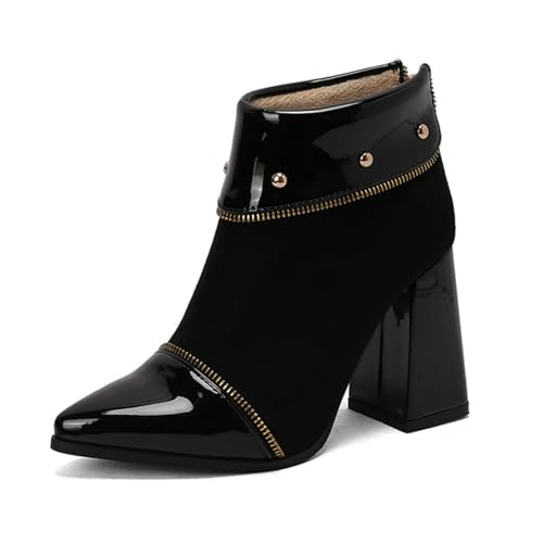 Damen Patent-Leder Kurze Stiefel Mit Reißverschluss Hoher Stämmiger Absatz Chelsea-Stiefel Spitz Zehen Stiefeletten Mit Nieten,Schwarz,41.5 EU von Generic