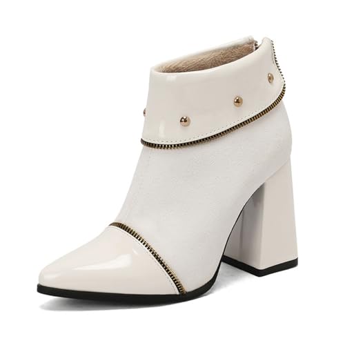 Damen Patent-Leder Kurze Stiefel Mit Reißverschluss Hoher Stämmiger Absatz Chelsea-Stiefel Spitz Zehen Stiefeletten Mit Nieten,Weiß,42 EU von Generic