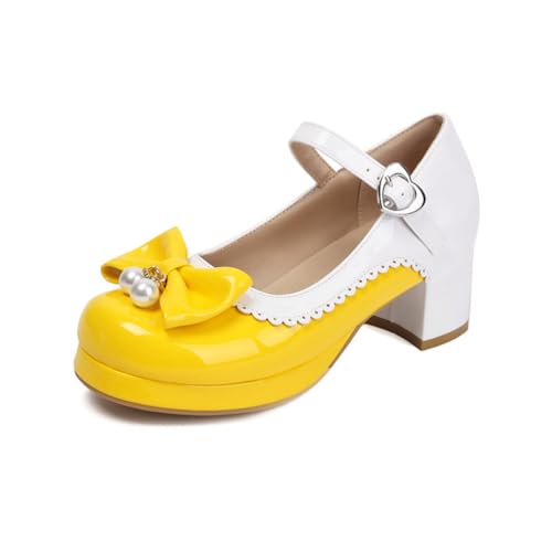 Damen Pearl Closed Runde Zehe Lolita Schuhe Knöchelriemen Pumps mit Herzschnalle Plateau Mid Chunky Square Heels Bequeme Schuhe,Gelb,43 EU von Generic