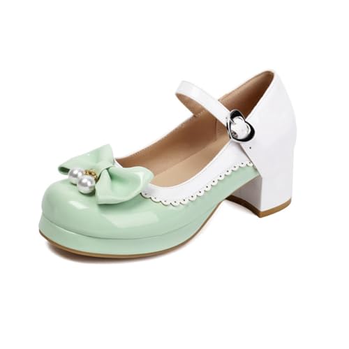 Damen Pearl Closed Runde Zehe Lolita Schuhe Knöchelriemen Pumps mit Herzschnalle Plateau Mid Chunky Square Heels Bequeme Schuhe,Grün,47 EU von Generic