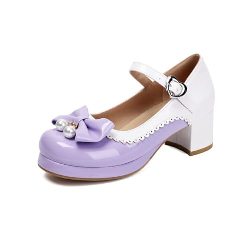 Damen Pearl Closed Runde Zehe Lolita Schuhe Knöchelriemen Pumps mit Herzschnalle Plateau Mid Chunky Square Heels Bequeme Schuhe,Lila,42 EU von Generic