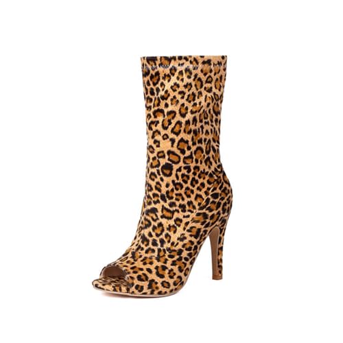 Damen Peep Toe Mittelhohe Stiefel Mit Seitlichem Reißverschluss Hoher Pfennigabsatz Kleid Mit Sandalen PU-Leder Kurze Stiefel,Leopard,44 EU von Generic