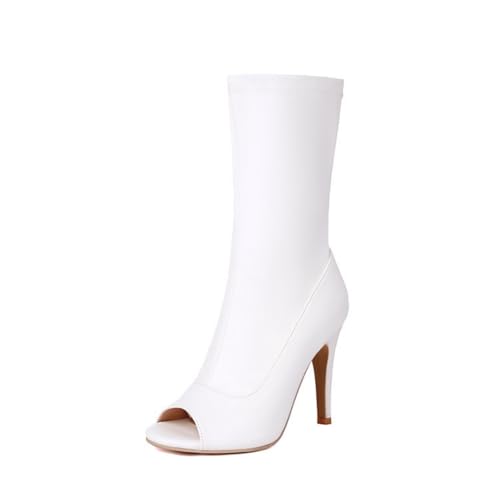 Damen Peep Toe Mittelhohe Stiefel Mit Seitlichem Reißverschluss Hoher Pfennigabsatz Kleid Mit Sandalen PU-Leder Kurze Stiefel,Weiß,42 EU von Generic