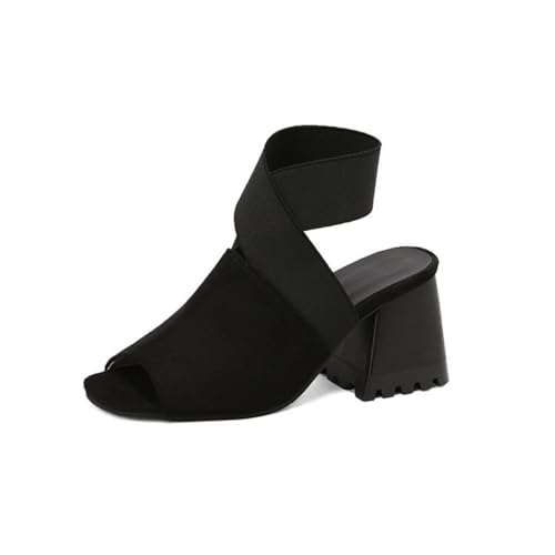Damen Peep Toe Slingback Sommer Sandalen Kreuz Gummiband Kleid Pumps Hoher Blockabsatz Kurze Stiefel,Schwarz,45 EU von HXTYXCQ