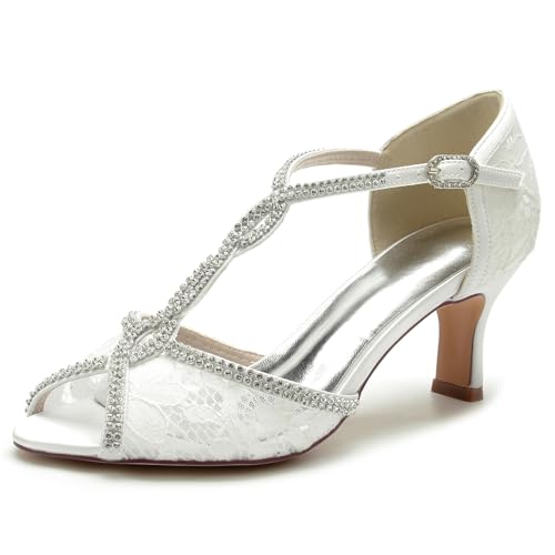 Damen Peeptoe Strass Braut Braut Hochzeitsschuhe Mid Kätzchenabsatz Abend Party Kleid Schuhe Spitze Knöchelriemen Kleid Brautjungfern Sandalen,Elfenbein,42 EU von Generic