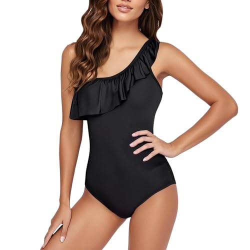 Damen Perioden Badeanzug Schwarz Einteiliger Menstruation Bademode Period Leakproof Swimsuit Rüschen One Shoulder Monokini Perioden Sportlich Badeanzüge Strandmode Periodenunterwäsche (Black, XS) von Generic