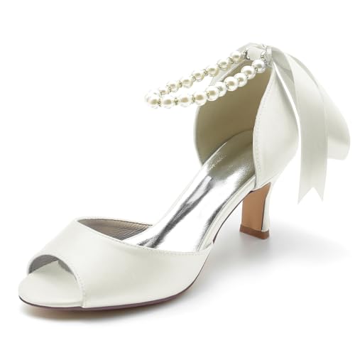 Damen Perle Knöchelriemen Brautschuhe Peeptoe Hochzeitsschuhe Kätzchenabsatz Satin Abend Party Kleid Sandalen Runde Zehe Brautjungfern Schnürung Pumps,Elfenbein,40 EU von Generic