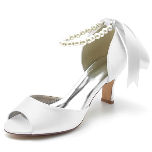 Damen Perle Knöchelriemen Brautschuhe Peeptoe Hochzeitsschuhe Kätzchenabsatz Satin Abend Party Kleid Sandalen Runde Zehe Brautjungfern Schnürung Pumps,Weiß,38 EU von Generic