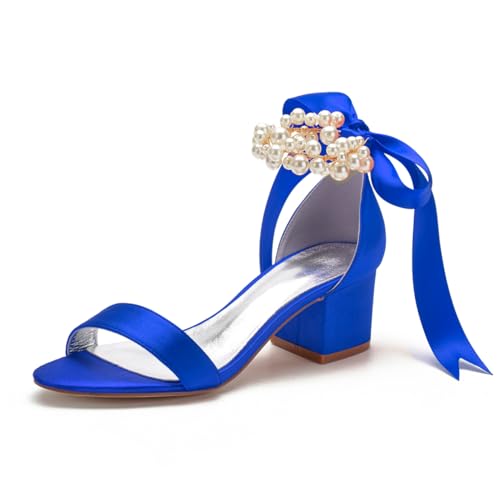 Damen Perlen Knöchelriemen Brautschuhe Offene Spitze Brautschuhe Stämmiger Hoher Absatz Abend Party Kleid Sandalen Satin Schnürung Brautjungfer Pumps,Blau,41 EU von FQMAYPO