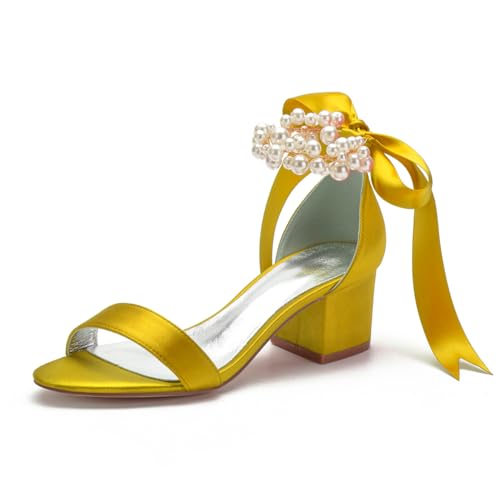 Damen Perlen Knöchelriemen Brautschuhe Offene Spitze Brautschuhe Stämmiger Hoher Absatz Abend Party Kleid Sandalen Satin Schnürung Brautjungfer Pumps,Gelb,40 EU von FQMAYPO