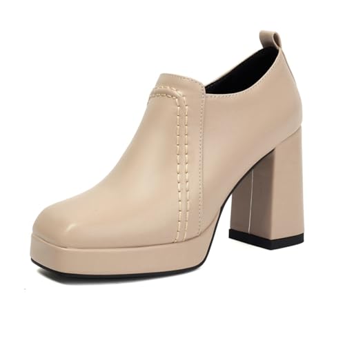 Damen Plateau Blockabsatz Stiefeletten Mit Nahtdetail Runde Spitze Kunstleder Kleid Büro Modestiefeletten,Apricot,45 EU von Generic