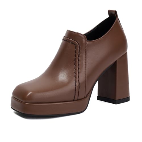 Damen Plateau Blockabsatz Stiefeletten Mit Nahtdetail Runde Spitze Kunstleder Kleid Büro Modestiefeletten,Braun,36 EU von Generic