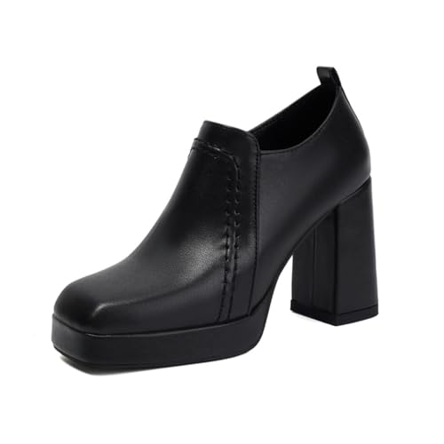 Damen Plateau Blockabsatz Stiefeletten Mit Nahtdetail Runde Spitze Kunstleder Kleid Büro Modestiefeletten,Schwarz,35 EU von Generic
