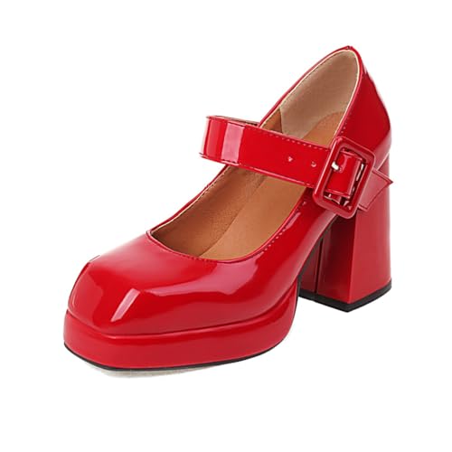 Damen Plateau Chunky High Heels Geschlossene Quadratische Zehe Mary Jane Schuhe Knöchelriemen Kleid Hochzeit Party Pumps,Rot,42 EU von Generic