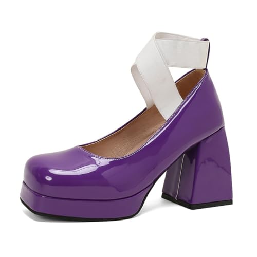 Damen Plateau Hohe Chunky Ballett Absätze Geschlossene Quadratische Zehe Einfarbige Slip On Pumps Bequemes Kleid Party Schuhe,Lila,33 EU von Generic