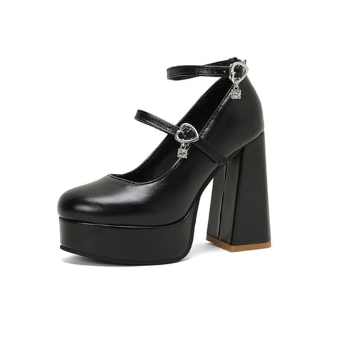 Damen Plateau Mary Jane Pumps Herz - Schnalle Knöchelriemen Dicke Absätze Runder Zeh Kunstleder Partyz Abendkleid Schuhe,Schwarz,34 EU von Generic
