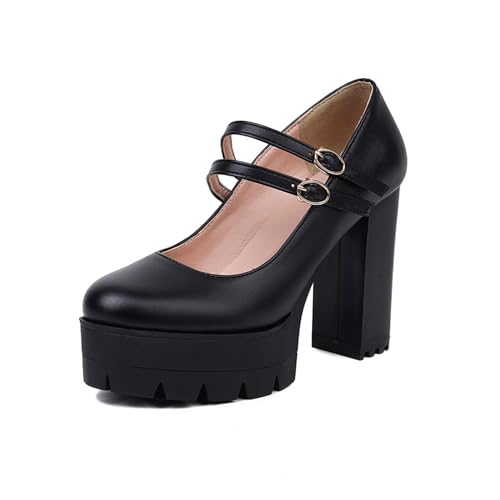 Damen Plateau Mary Jane Schuhe Chunky High Heels Rund Geschlossene Spitze Kleid Schuhe Casual Homecoming Party Pumps,Schwarz,42 EU von Generic