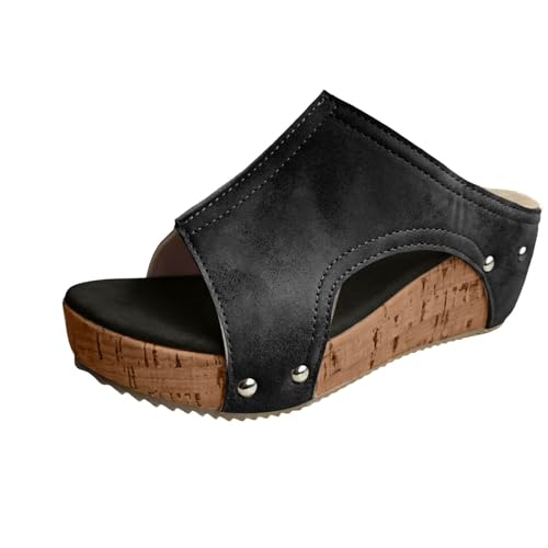 Damen Plateau Pantoletten Weiche PU Leder Hausschuhe Keilabsatz Sandalen Sommer Peeptoe Sandalette Slide Schwarz von Generic