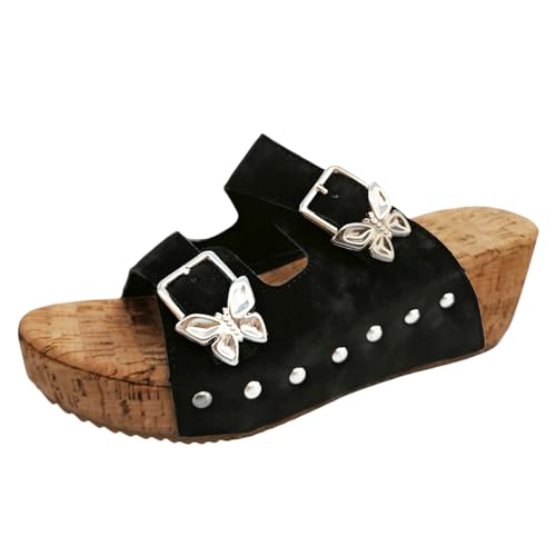 Damen Plateau Pantoletten Weiche PU Leder Hausschuhe Keilabsatz Sandalen Sommer Peeptoe Sandalette Slide von Generic