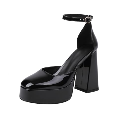 Damen Plateau Pumps Krokodilprägung Knöchelriemen Stiletto Absatz Mit Schnalle Spitze Geschlossene Zehen Bequem Abend Kleid Party Prom Schuhe,Schwarz,38.5 EU von Generic