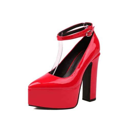 Damen Plateau Pumps Lackleder Hoher Blockabsatz Verstellbarer Knöchelriemen Mit Schnalle Spitze Zehen Bequem Abend Kleid Party Prom Schuhe,Rot,35 EU von Generic