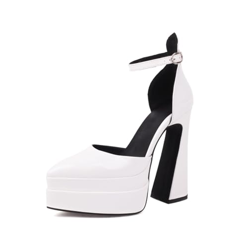 Damen Plateau Pumps Lackleder Spitze Zehen Hoher Blockabsatz Verstellbarer Knöchelriemen Mit Schnalle Bequem Abend Kleid Party Prom Schuhe,Weiß,42 EU von Generic
