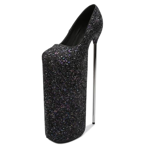 Damen Plateau Pumps Sandalen Sexy Ultra High Heel Stilettos Glitzernde Slip On mit Riemchen Sommer Damenschuhe Stripperinnen Party Pole Dancer Bühne Modell Clubs 11.8 IN(Black,37 EU) von Generic