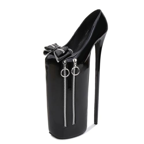 Damen Plateau Pumps Sandalen Sexy Ultra High Heel Stilettos Lackleder Schleife Doppelreißverschluss Slip On Sommer Damenschuhe Stripperinnen Party Pole Dancer Bühne Modell Clubs 11.8 IN(Black,38 EU) von Generic