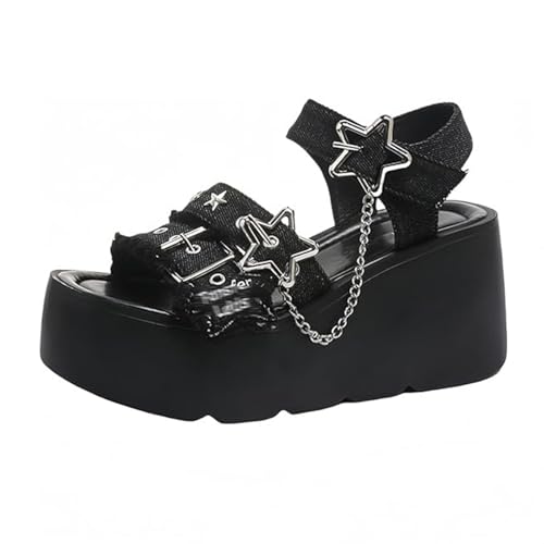 Damen Plateau Sandalen Gothic Pumps Jeans Keilabsatz Klobig Hohl Offene Zehenpartie Kette Schnalle Blockabsatz Punk Sommer high Heel Für Schule Party Business Arbeit Tanz Date 3.54 IN(Black,42 EU) von Generic