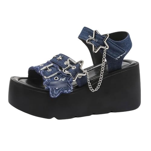 Damen Plateau Sandalen Gothic Pumps Jeans Keilabsatz Klobig Hohl Offene Zehenpartie Kette Schnalle Blockabsatz Punk Sommer high Heel Für Schule Party Business Arbeit Tanz Date 3.54 IN(Blue,39 EU) von Generic
