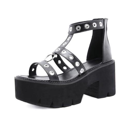 Damen Plateau Sandalen Gothic Pumps Keilabsatz Klobig Dick Metall Öse Hohl Offene Zehenpartie Reißverschluss hinten Blockabsatz Punk Sommer high heel Für Cosplay Party Rock Date Arbeit Schwarz 3,14 IN von Generic