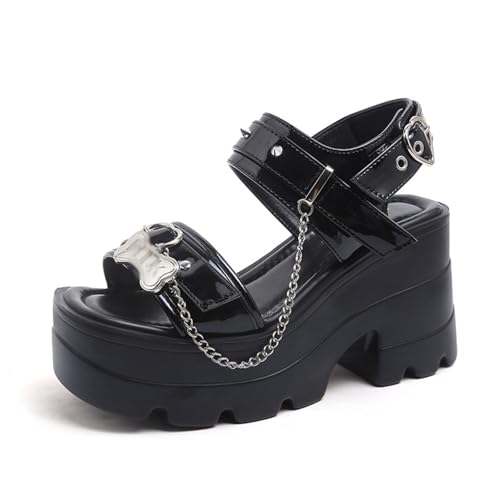 Damen Plateau Sandalen Gothic Pumps Keilabsatz Klobig Hohl Offen Kette Schnalle Blockabsatz Punk Sommer high Heel Für Schule Party Business Arbeit Tanz Date Schwarz 3.93 IN(35 EU) von Generic