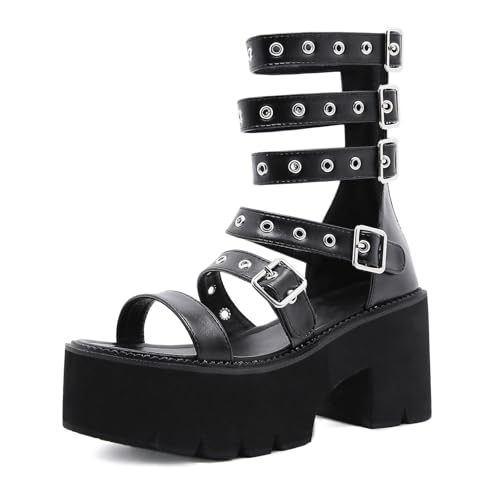 Damen Plateau Sandalen Gothic Pumps Keilabsatz Klobige Stiefeletten Offene Zehenpartie Schnallen Blockabsatz Punk Sommer high Heel Für Cosplay Party Arbeit Tanz Date Schwarz 3,14 IN(42 EU) von Generic